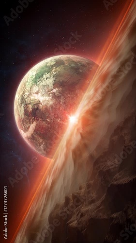 Space Earth Panorama — Red Sunset Horizon | Seamlessly Looped Vertical Background
