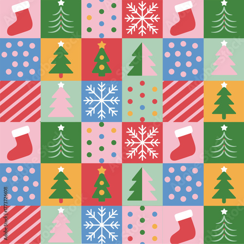 Festive abstract holiday texture pattern, composed of geometric snowflakes, gift boxes, and seasonal stars.