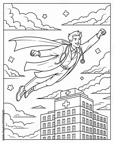 Coloring page of doctor a male superhero in a suit and cape flies through the sky with a hospital building in the background, depicted in a comic book art style