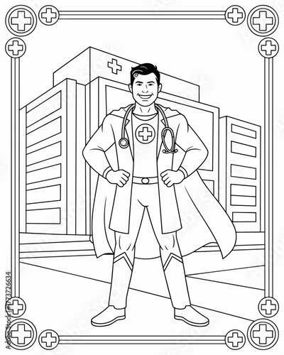 Coloring page of doctor a male doctor dressed as a superhero, standing confidently in front of a hospital building, representing healthcare heroes and medical professionals