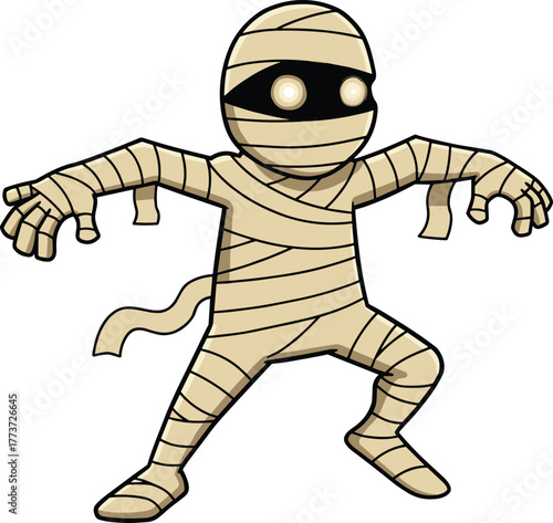 Cartoon mummy character illustration, Halloween spooky monster wrapped in bandages, glowing eyes, playful scary mascot vector art design for children media