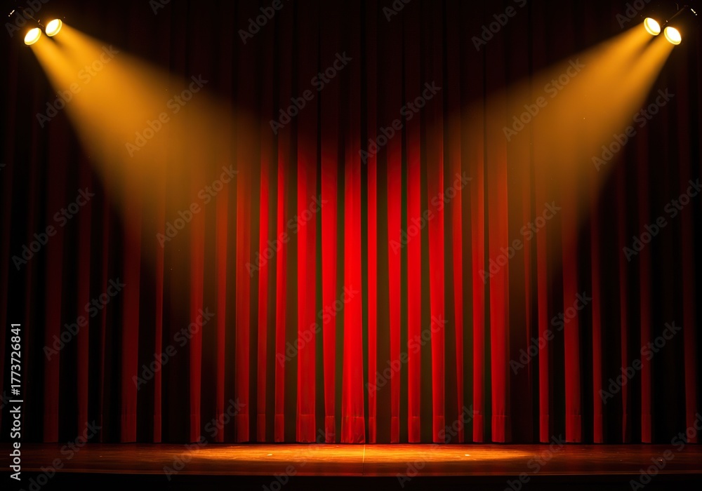 Fototapeta premium Dramatic red velvet theater curtain illuminated by bright golden spotlights before a major evening musical performance. (137 characters) ,celebration ,spotlight ,theater