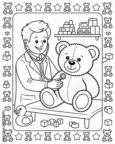 Coloring page of doctor a doctor examines a large teddy bear with a stethoscope on a table, surrounded by toys, depicting a childfriendly medical checkup and imaginative play in a line drawing