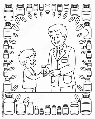 Coloring page of doctor: Charming black and white illustration of a pharmacist handing medication to a young boy, with a border of medicine bottles.