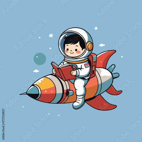 A playful depiction of a cute astronaut balancing a book on their lap while sitting on a rocket, as tiny aliens float around, trying to catch the colorful words that spring from the pages.