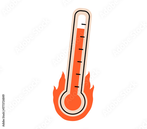 Hand drawn cute illustration mercury thermometer on fire. Flat vector temperature measurement device doodle. Warm or hot weather sticker, icon. Climate changing or global warming. Isolated.