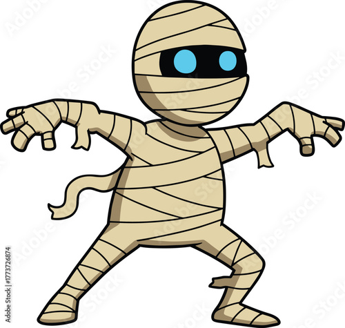 Cartoon mummy monster character, Halloween spooky bandaged figure with glowing blue eyes, scary mascot vector illustration design for horror and children media