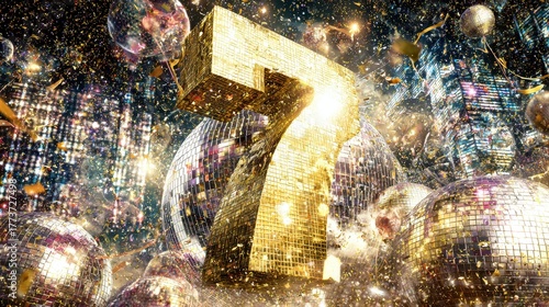 Celebration of the seventh anniversary with a dazzling golden number surrounded by sparkling disco balls