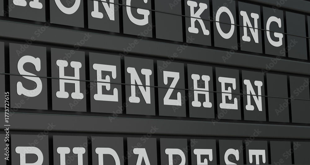 Obraz premium Shenzhen, China, travel destination, airport departure board. Tourism, booking, vacation, travel, holiday, journey. 3D illustration