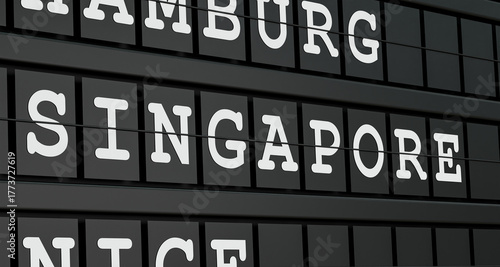 Singapore, travel destination, airport departure board. Tourism, booking, vacation, travel, holiday, journey. 3D illustration