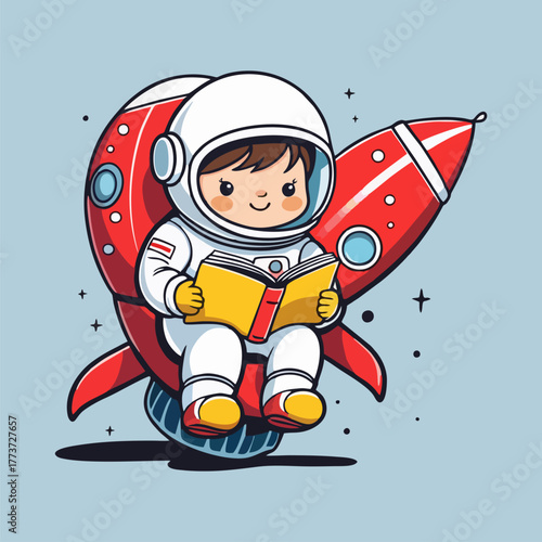 A whimsical illustration of a cute astronaut with a bright smile, sitting on a vibrant rocket, reading a magical book that emits sparkles, with colorful galaxies swirling around in the background.