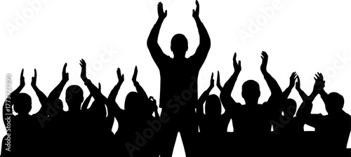 Silhouettes of people clapping and one person with raised arms, clapping, applause, audience, crowd, people, silhouette, standing, celebration, success, approval, agreement, praise, recognition, event