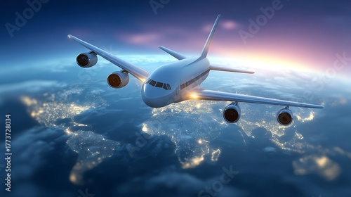 Global travel concept with a jet soaring over the planet