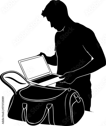 Man Packing Laptop into Duffel Bag Silhouette male, silhouette, man, male, person, laptop, computer, bag, duffel bag, travel, packing, business, technology, isolated, white background, carrying