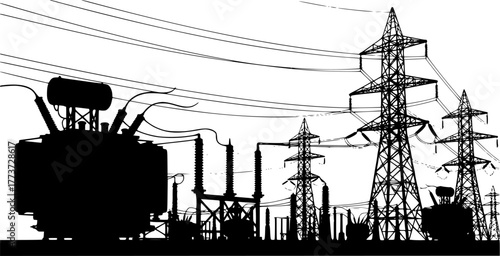 Silhouette Illustration Of Electrical Substation With Transformers And Power Lines For Industrial Energy Concepts, electrical substation, power plant, silhouette, transformer, electricity