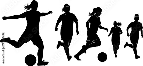 Female soccer players kicking balls football women, soccer, football, players, women, girls, kicking, action, sport, athletic, dynamic, silhouette, black, white, team, game, competition, movemen