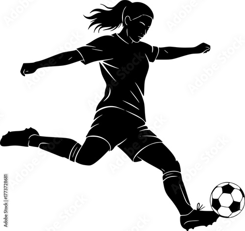 Female soccer players kicking balls football women, soccer, football, players, women, girls, kicking, action, sport, athletic, dynamic, silhouette, black, white, team, game, competition, movemen