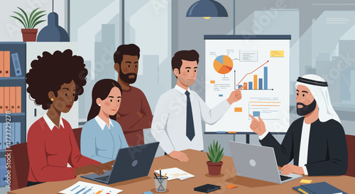 A diverse team collaborates on data, driving business growth with innovative strategies. Experience the power of global success in a modern workspace. Unlock potential today!