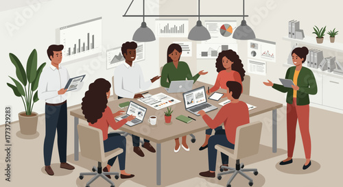See a diverse team collaborate dynamically in a modern office, driving growth and innovation through strategic discussions and insightful data analysis during a crucial business meeting.