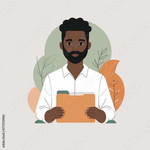 Black man holding file calmly against soft leafy background, relief of missing out, digital detox, cozy solitude, slow living – words + concept