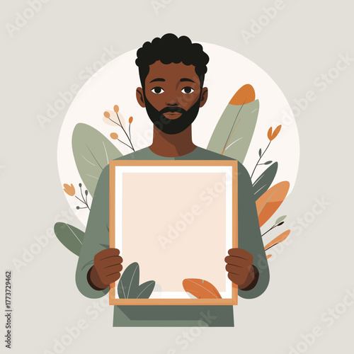 Black man holding empty frame calmly against floral background, relief of missing out, digital detox, cozy solitude, slow living – words + concept