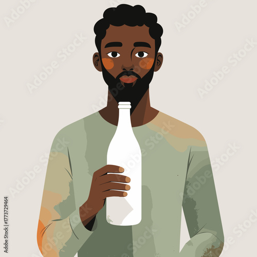 Black man holding bottle calmly against neutral background, relief of missing out, digital detox, cozy solitude, slow living – words + concept