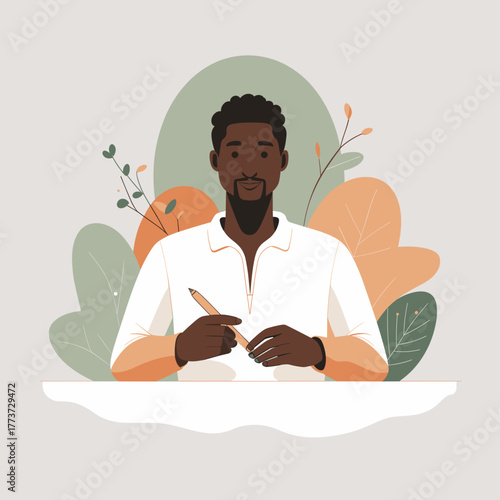 Black man holding pen thoughtfully against botanical background, relief of missing out, digital detox, cozy solitude, slow living – words + concept