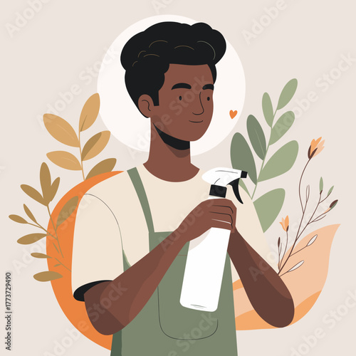 Black man holding spray bottle calmly against floral background, relief of missing out, digital detox, cozy solitude, slow living – words + concept