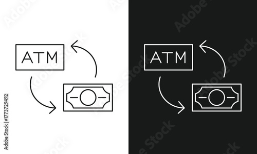 Minimalist ATM Money Transfer Line Art Icon, Symbol for Cash Withdrawal and Deposit, Modern Vector Graphic for Banking and Financial Transactions, Black and White Versions.
