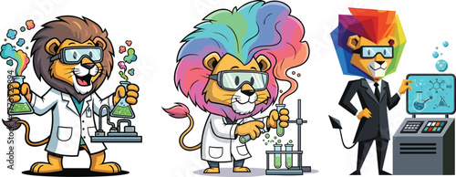 Colorful science lion mascots, creative laboratory animals experimenting with chemistry, cartoon lions in lab coats, modern tech scientist character illustration, education concept