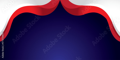 The red and white background curves over the top resembling a curtain