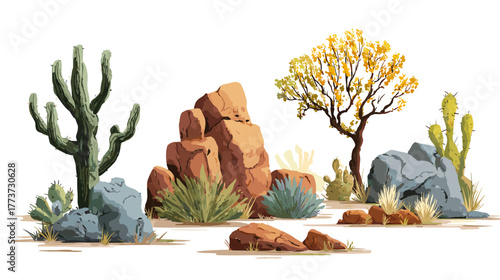 Vector illustration of a set of 6 stylized Australian outback nature assets