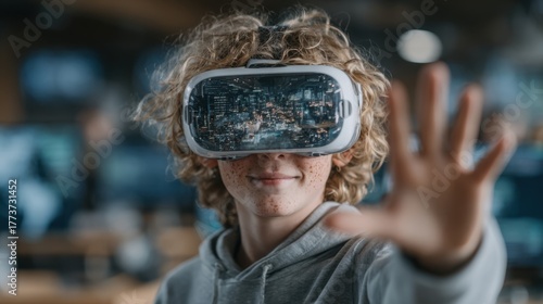 Teenager with curly hair using virtual reality headset in technology class