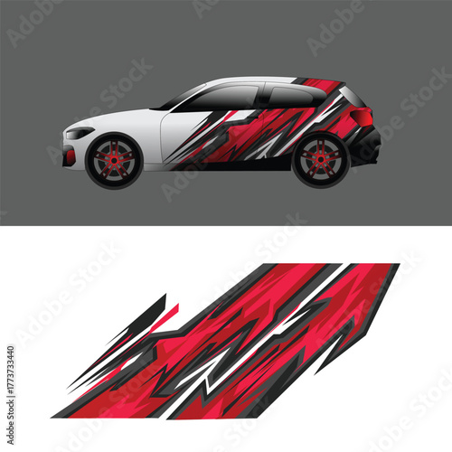 Sport car livery design template with aggressive red, black, and white abstract geometric shapes