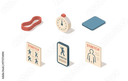 isometric icon items isolated on white background stretch band resistance stretch break timer stretch mat pad stretch guide poster stretch reminder app stretch posture chart
