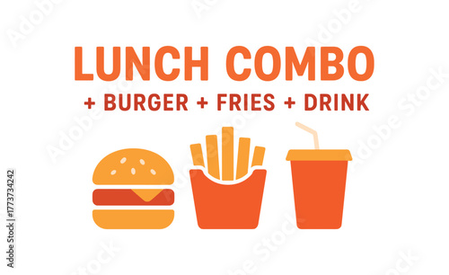 Flat vector banner design text LUNCH COMBO + FRIES + DRINK supporting icons of fries and soda orange and red palette