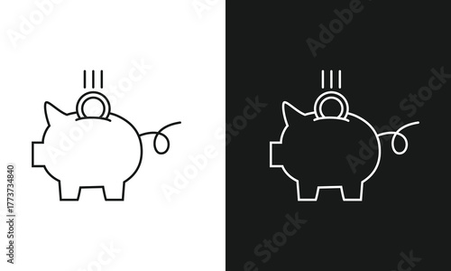 Minimalist Piggy Bank with Coin Line Art Icon, Simple Symbol for Savings, Personal Finance, and Investment, Modern Vector Graphic for Banking and Budgeting, Black and White Versions.