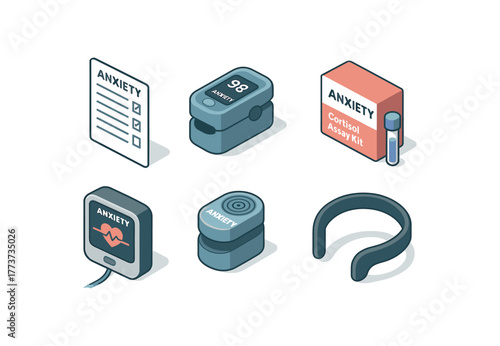 isometric icon items isolated on white background anxiety GAD7 assessment form anxiety pulse oximeter anxiety cortisol assay kit anxiety heart rate variability monitor anxiety breathing