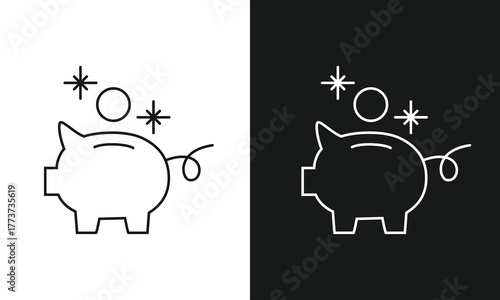Minimalist Piggy Bank with Sparkling Coin Line Art Icon, Simple Symbol for Savings, Personal Finance, and Investment, Modern Vector Graphic for Banking and Budgeting, Black and White Versions.