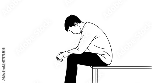 Vector of a lonely person sitting with head down, minimal line art illustration