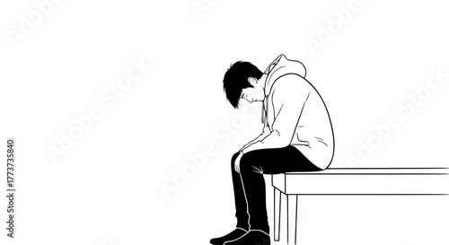 Vector of a lonely person sitting with head down, minimal line art illustration