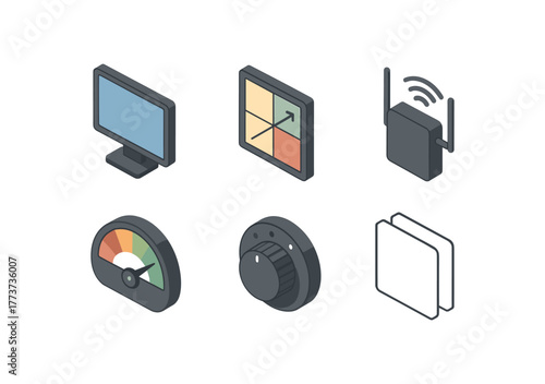 isometric icon items isolated on white background clarity display antiglare screen clarity decision matrix clarity signal amplifier clarity color grading gauge clarity focus adjustment knob