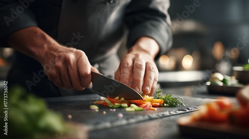 A chef skillfully chops fresh vegetables on a cutting board, showcasing culinary expertise in a vibrant kitchen setting.