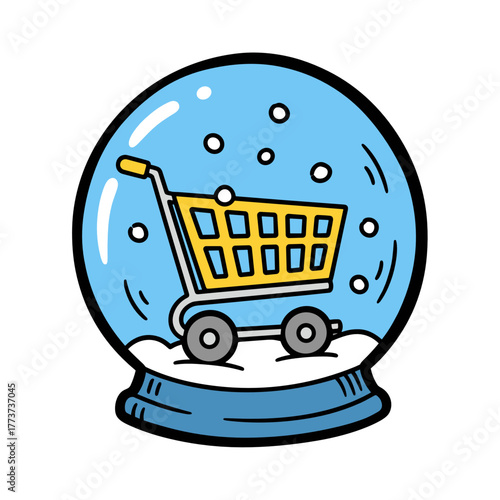 Snow globe featuring a shopping cart with snowflakes inside for winter sale  