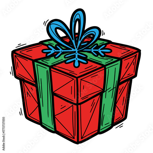 Red gift box with green ribbon and snowflake decoration  