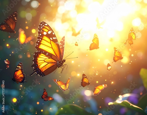 Beautiful orange butterflies flying in golden sunlight with dreamy bokeh background