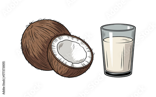 Fresh Coconut and Glass of Coconut Milk for Healthy Lifestyle and Tropical Flavors of Summer Vacation and Refreshment