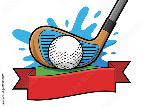 Golf club hitting a golf ball with water splash and red banner for your text presentation illustration