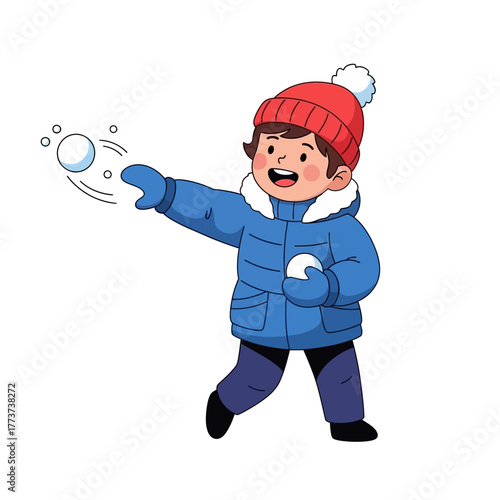 Cute cartoon boy in a cozy winter coat and red beanie having a blast playing outside in the snow, engaged in a fun snowball battle