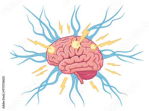 Brain Activity Neural Network Illustration Showing Brainstorming and Neurological Function with Electrical Impulses and Brain Waves